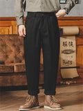 Vintage Mid-Rise Solid Color Tapered Pants for Men