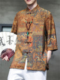 Vintage Shirt with Green Mountain & Chinese Loong Print