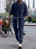 Men's Thin Knitted V-neck Tops & Drawstring Trouser Set