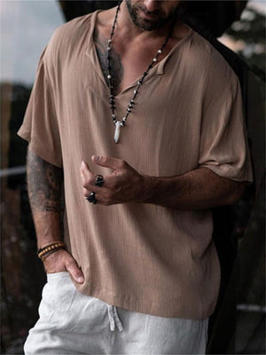 Fashion V Neck Loose-fitting Plain Summer Men's Shirts