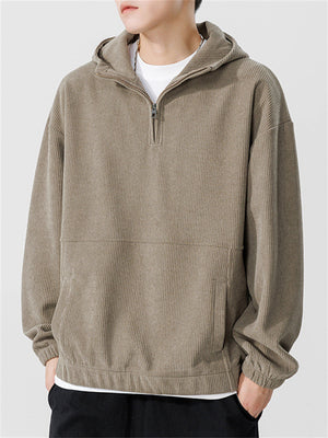 Japanese Casual Quarter-Zip Vertical Stripe Textured Hoodies for Men