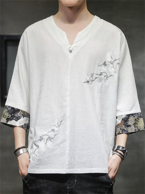 Men's Retro White Crane Embroidery V Neck 3/4 Sleeve Shirt