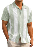 Two Color Stripes Lapel Short Sleeve Cuba Shirt for Men