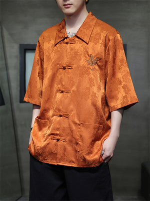 Male Maple Leaf Embroidered Summer Lapel Jacquard Shirts