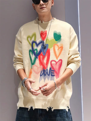 Colorful Heart Print Ripped Sweater for Couples