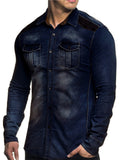 Men's Colour Block Faux Suede Denim Long Sleeve Shirt