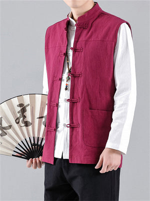 Men's Stand Collar Knot Button Patch Pocket Plain Linen Vest