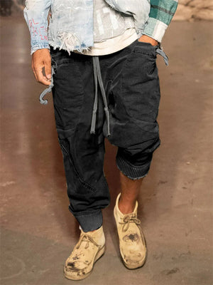 Modish Contrast Color Splice Lace-up Cargo Pants for Men