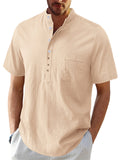 Men's Hawaiian Casual Stand Collar Short Sleeve Cotton Linen Shirt