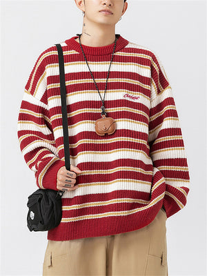 Letter Embroidered Contrast Color Stripe Couple Sweaters