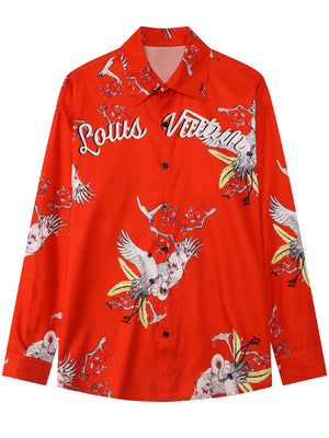 Crane Print Button Up Red Shirt for Men