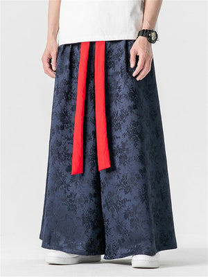 Men's Chinese Style Red Strap Jacquard Satin Pants