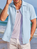 Men's Summer Stripe Textured Lapel Short Sleeve Shirt