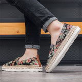 Vintage Floral Leaf Print Slip-On Flat Canvas Shoes for Men