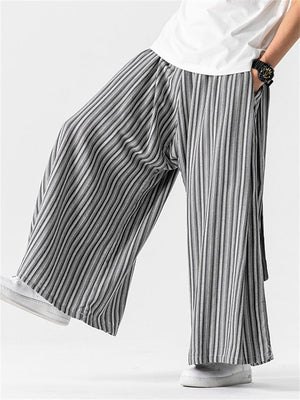 Men's Chinese Style Striped Wide Leg Linen Pants