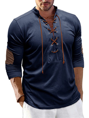 Men's Vintage Long Sleeve Stand Collar Lace-up Henley Shirt