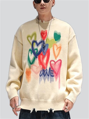 Colorful Heart Print Ripped Sweater for Couples