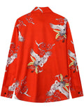 Crane Print Button Up Red Shirt for Men