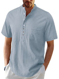 Men's Hawaiian Casual Stand Collar Short Sleeve Cotton Linen Shirt