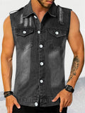 Lapel Button Up Chest Pocket Retro Denim Sleeveless Shirt for Men