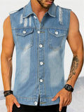 Lapel Button Up Chest Pocket Retro Denim Sleeveless Shirt for Men