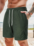 Male Solid Color Multi-Pocket Drawstring Corduroy Shorts