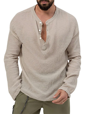 Male V-neck Long Sleeve Beach Plain Henley Shirt