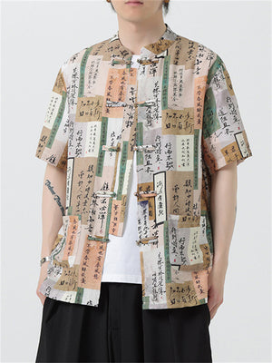 Chinese Style Hanzi Print Color Block Button Shirt for Men