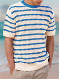 Men's Vacation Stripe Round Neck Knitted Short Sleeve Sweater Shirt