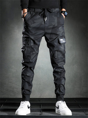 Male Korean Style Slim Elastic Waist Camo Cargo Pants