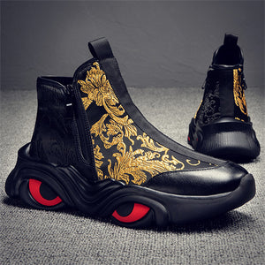 Men's Gold Leaf Embroidery Red Eye High-Top Sneakers