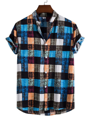 Men's Stand Collar Color Block Plaid Shirt