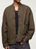 Men's Cotton Zipper Frog Button Jacket Long Sleeve Coat Pocket