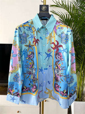 Male Trendy Starfish Shell Printing Lapel Shirt