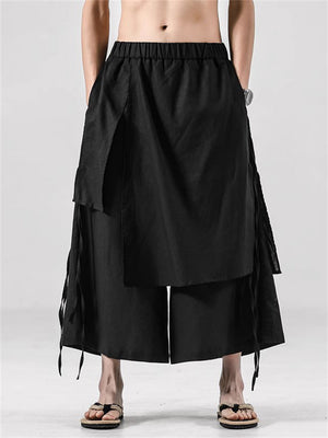 Men's Black Divided Skirt Loose Wide-Leg Pants