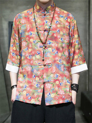 Multicolor Floral Printed Stand-Up Collar Shirt for Men