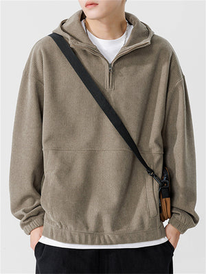 Japanese Casual Quarter-Zip Vertical Stripe Textured Hoodies for Men