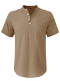 Men's Hawaiian Casual Stand Collar Short Sleeve Cotton Linen Shirt