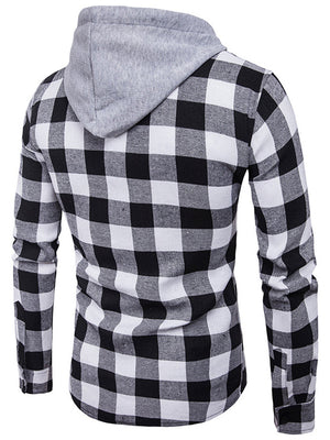 Male Trendy Plaid Button-up Shirt with Hood