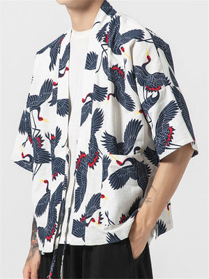 Men's Casual Cranes Printed Short Sleeve Kimono Shirts