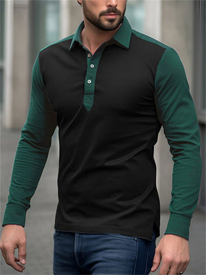 Men's Contrast Color Splicing Long Sleeve Polo Shirt