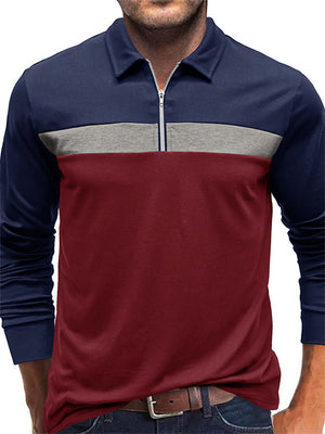 Business Fashion Color Block Lapel Zipper Golf Polo Shirt