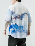 Chinese Landscape Ink Painting Vintage Shirt for Men