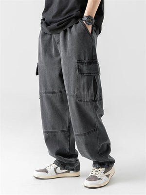 Vintage Spring New Male Washed Pockets Drawstring Jeans