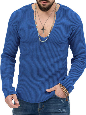 Men's U Neck Stripe Texture Fit Knitted Shirt