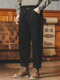 Vintage Mid-Rise Solid Color Tapered Pants for Men