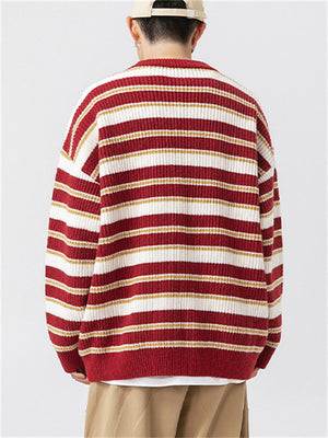 Letter Embroidered Contrast Color Stripe Couple Sweaters