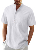 Men's Hawaiian Casual Stand Collar Short Sleeve Cotton Linen Shirt