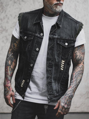 Personality Ace of Spades Print Men's Sleeveless Button Denim Vest