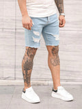 Men's Simple Light Blue Frayed Denim Shorts